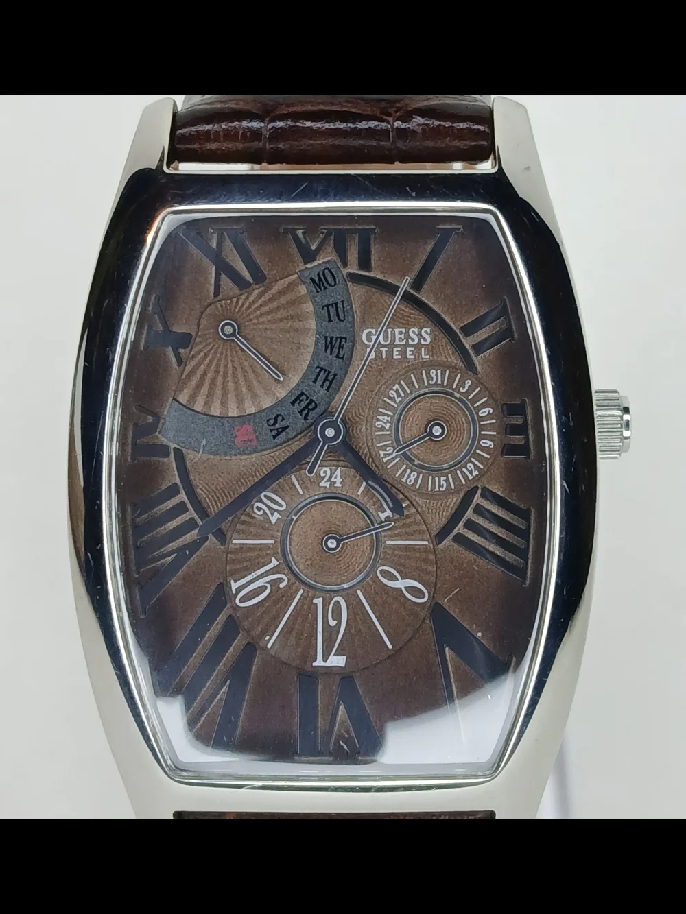 ​GUESS Steel Watch G12550G Tonneau Case Brown Dial Orig Brown Leather Strap